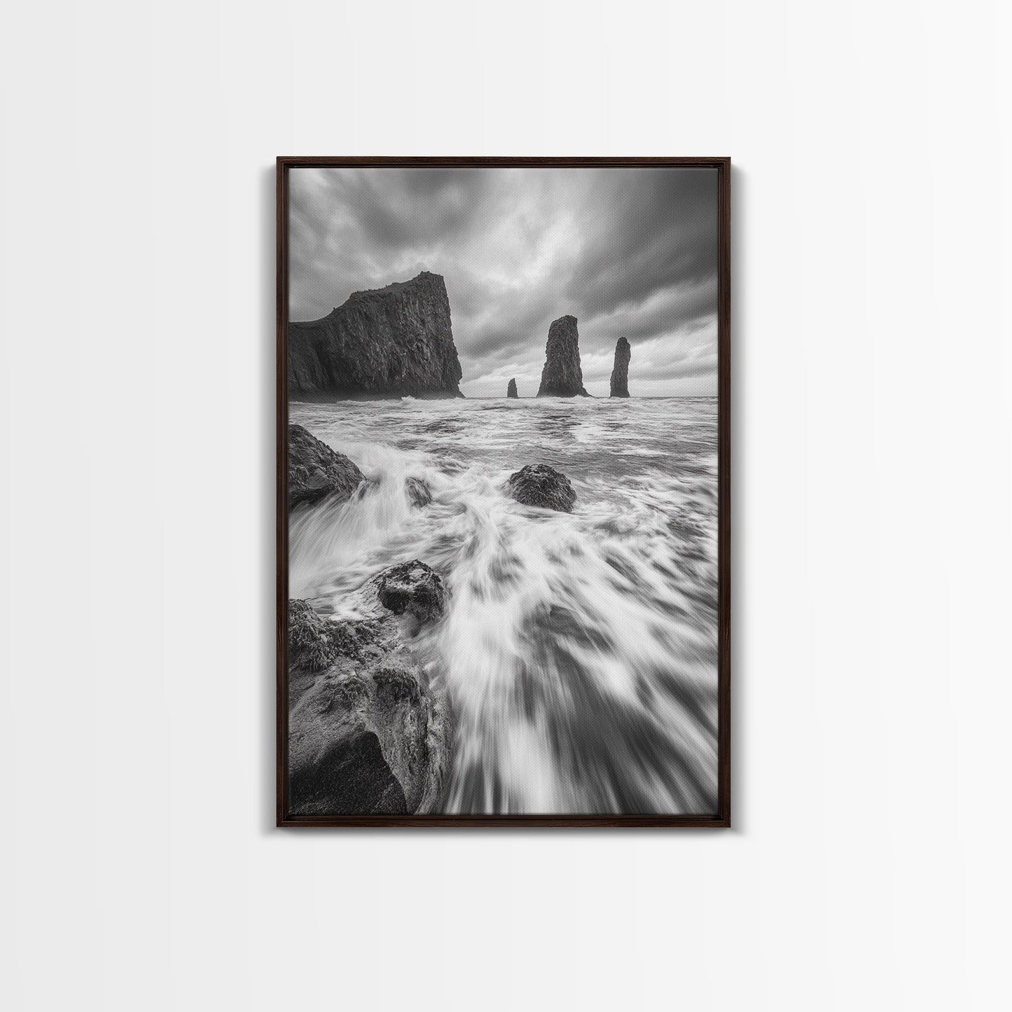 Sea Stacks Seascape, Ocean Art, Moody Coastline Print, Nature Photography, Framed Canvas Print, Living Room Wall Art, Black White Seaside