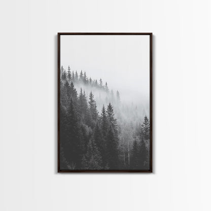 Misty Forest, Pine Trees, Foggy Morning, Canvas Print, Moody Nature Wall Art, Nordic Bedroom Decor, Monochrome Forest Landscape