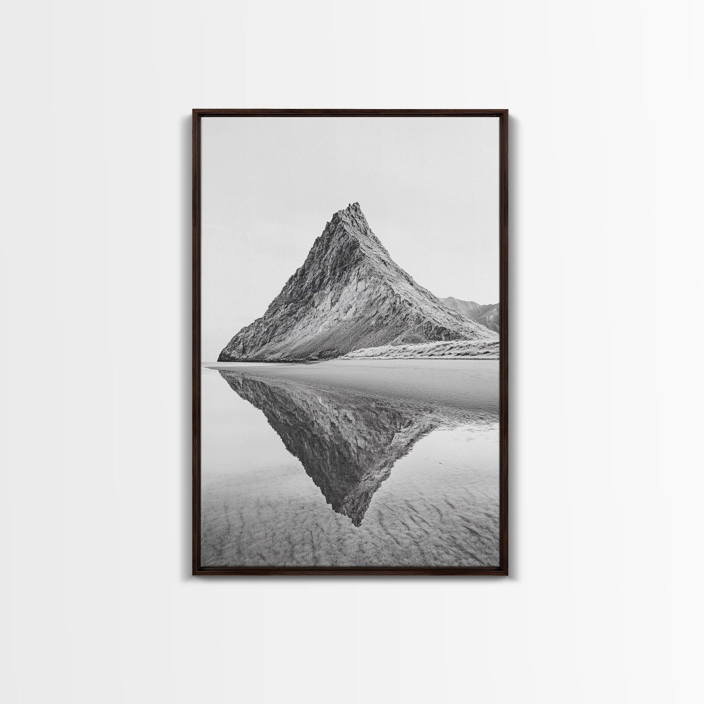 Mountain Mirror, Coastal Peak, Serene Beach, Canvas Print, Minimalist Landscape Art, Modern Living Room Wall Decor, Monochrome Nature Style