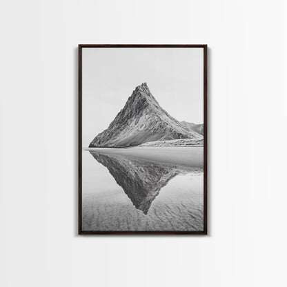 Mountain Mirror, Coastal Peak, Serene Beach, Canvas Print, Minimalist Landscape Art, Modern Living Room Wall Decor, Monochrome Nature Style