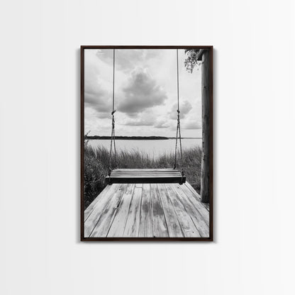 Lake Swing, Cloudy Sky, Calm View, Framed Canvas Print, Farmhouse Wall Art, Serene Kitchen Decor, Rustic Black and White Photography