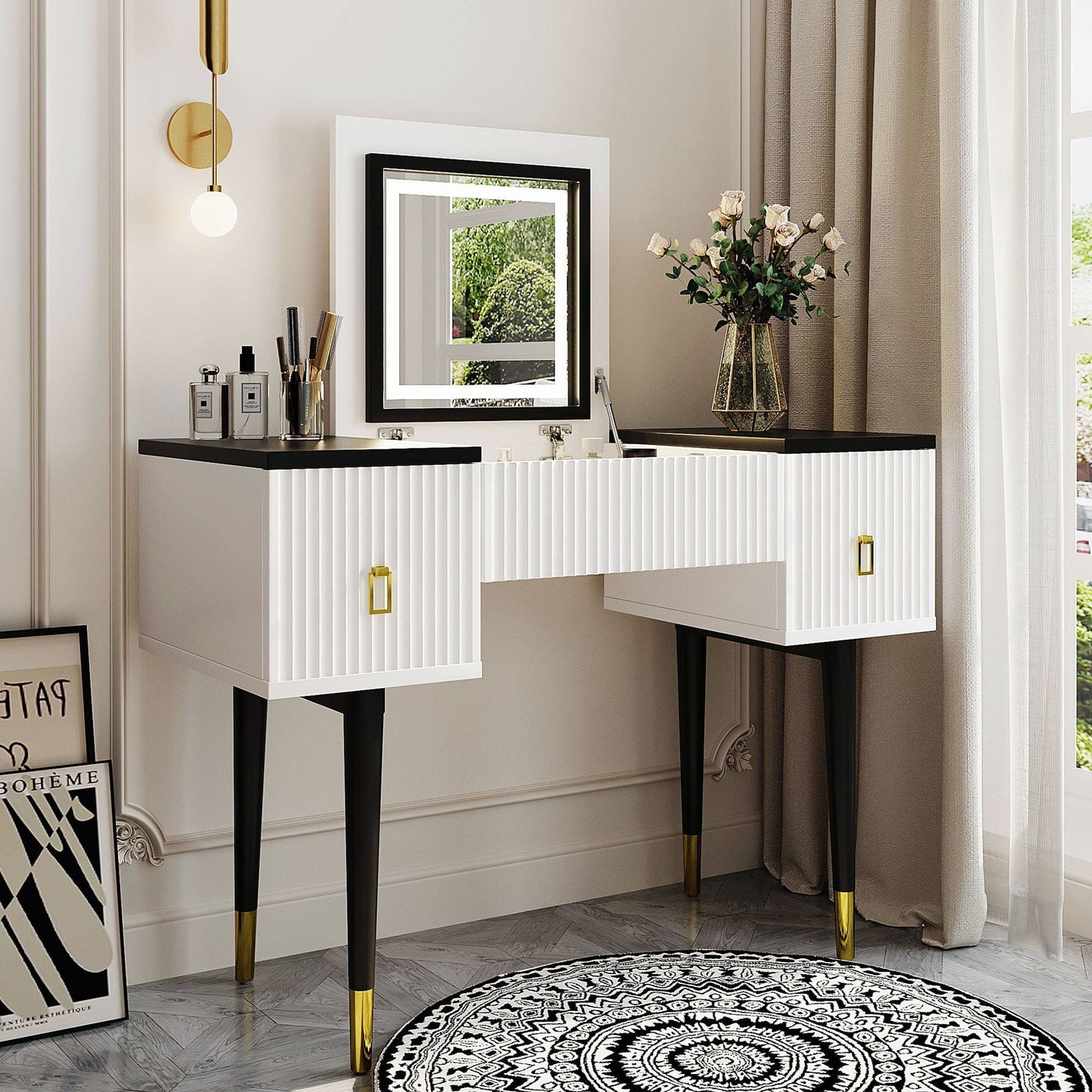 Black & White Vanity Table with LED Mirror – 2 Drawers & Adjustable Storage
