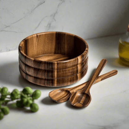 Acacia Wood Salad Bowl with Servers – Handcrafted Large Wooden Serving Bowl