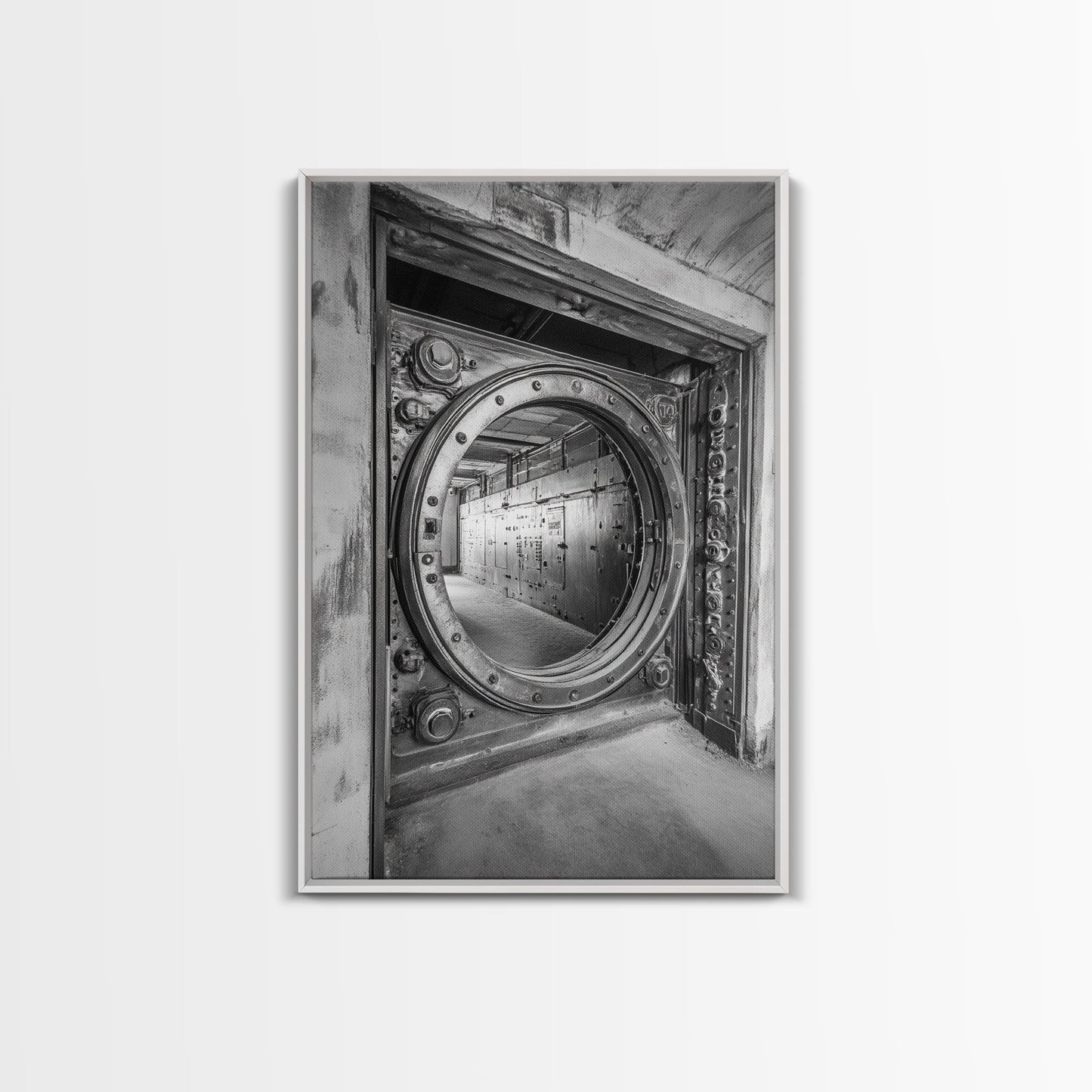 Bank Vault Door, Industrial Design, Urban Texture, Canvas Print, Masculine Office Decor, Steampunk Wall Art, Black White Print