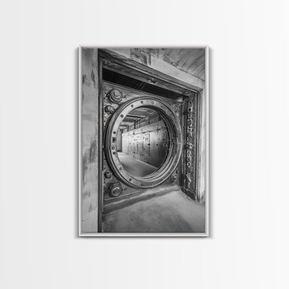 Bank Vault Door, Industrial Design, Urban Texture, Canvas Print, Masculine Office Decor, Steampunk Wall Art, Black White Print
