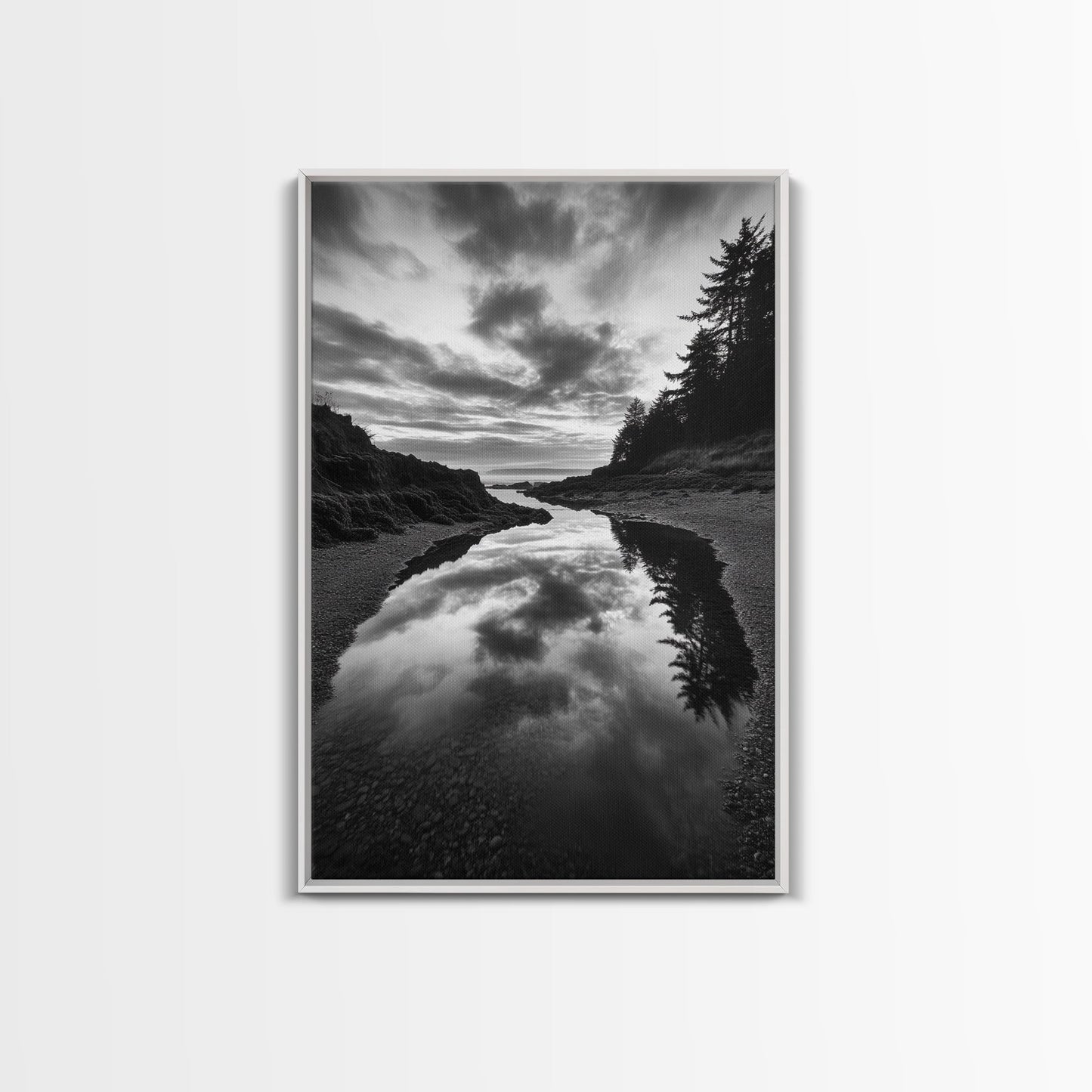 Reflective Tide Pool, Dramatic Sky, Forest Silhouette, Black and White Seascape, Framed Canvas Print, Living Room Wall Art, Nature Boho Style