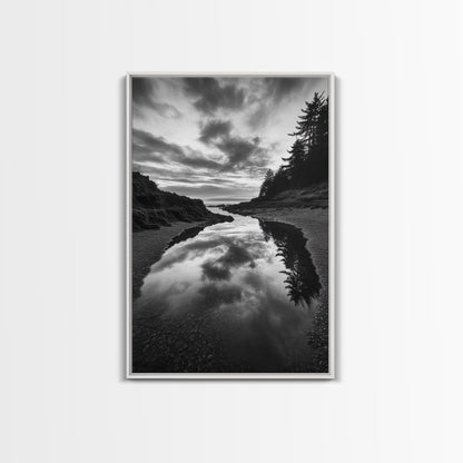 Reflective Tide Pool, Dramatic Sky, Forest Silhouette, Black and White Seascape, Framed Canvas Print, Living Room Wall Art, Nature Boho Style