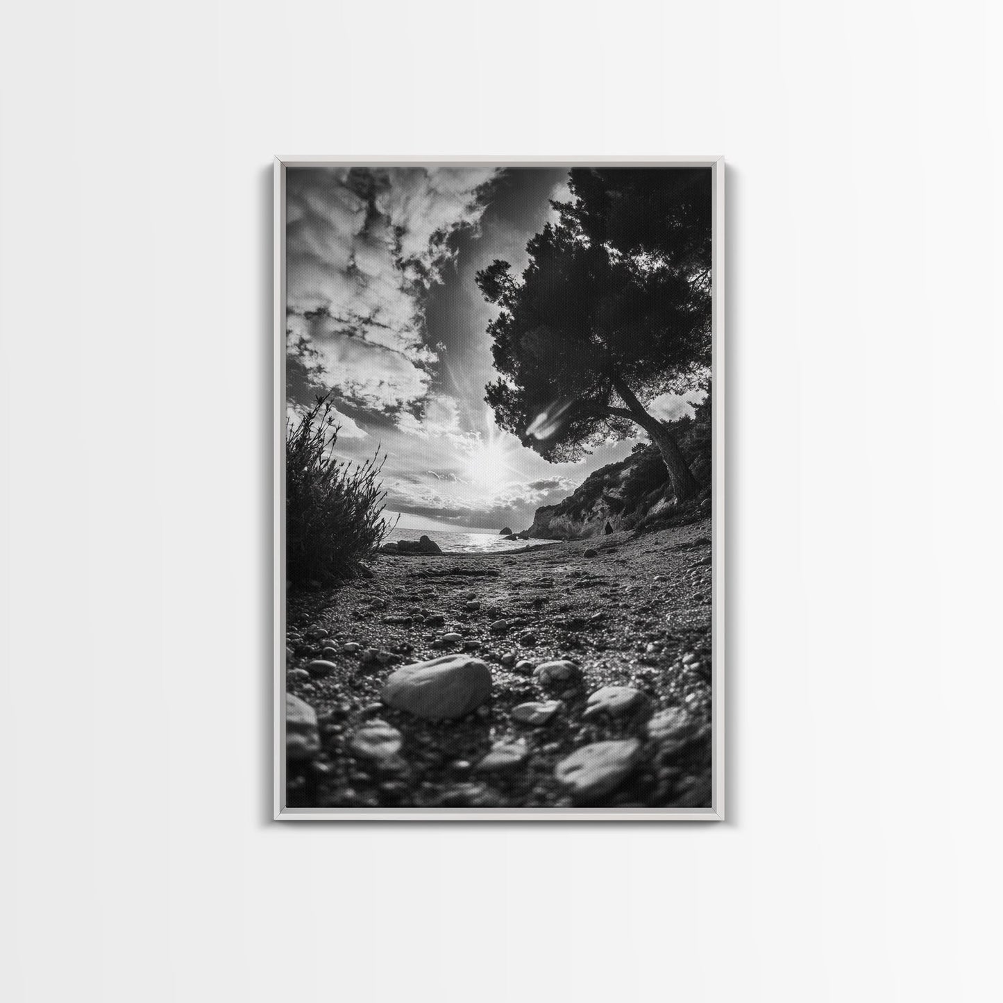 Sunset Beach View, Wide Angle Perspective, Nature Shoreline, Monochrome Landscape, Framed Canvas Print, Hallway Wall Art, Beach Decor