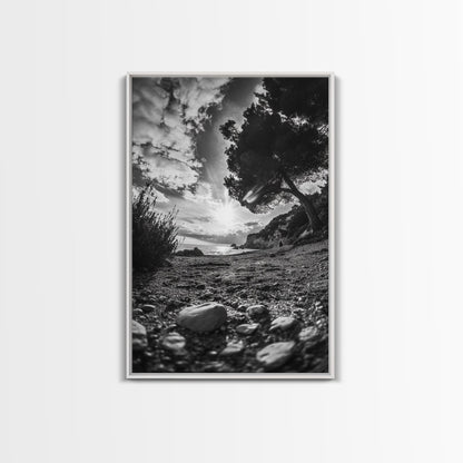 Sunset Beach View, Wide Angle Perspective, Nature Shoreline, Monochrome Landscape, Framed Canvas Print, Hallway Wall Art, Beach Decor