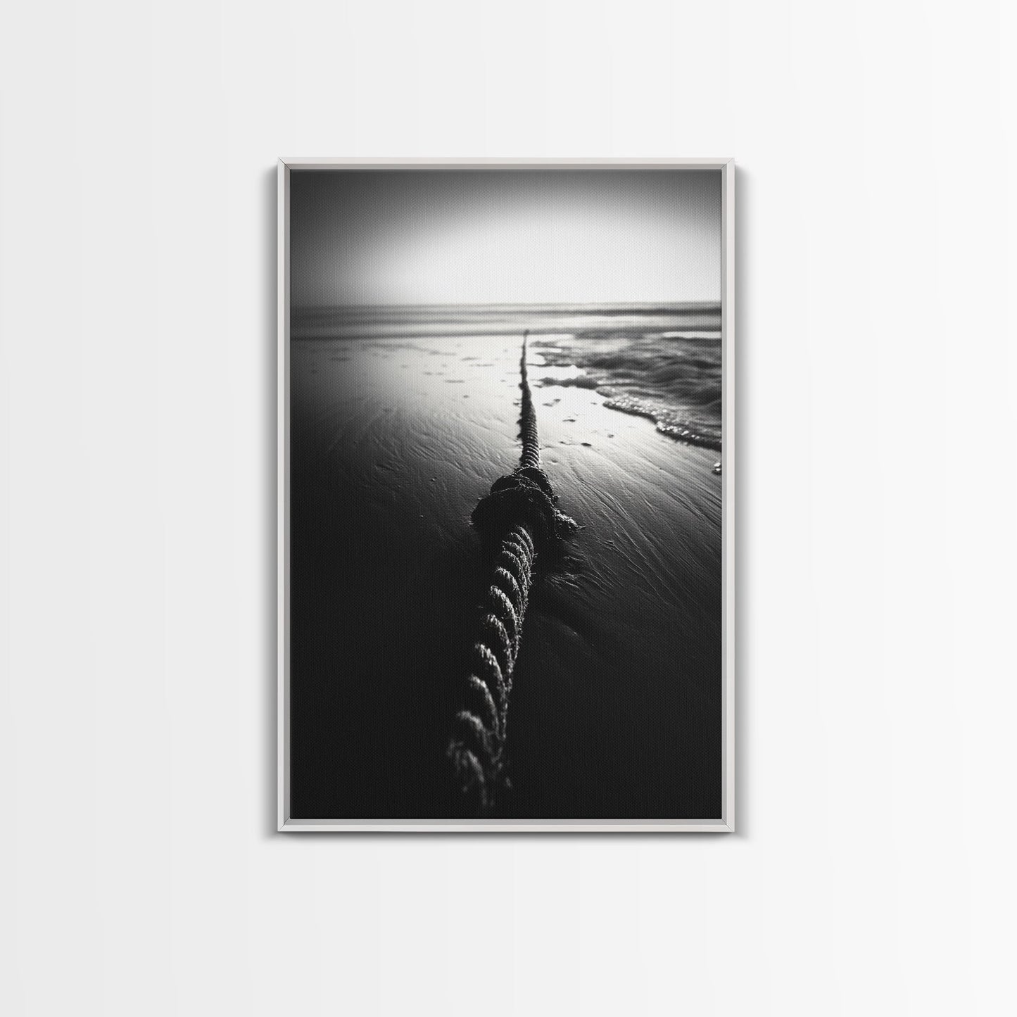 Ocean Rope Shore, Nautical Minimalism, Seaside Monochrome, Black and White Calm, Framed Canvas Print, Bedroom Wall Art, Coastal Decor