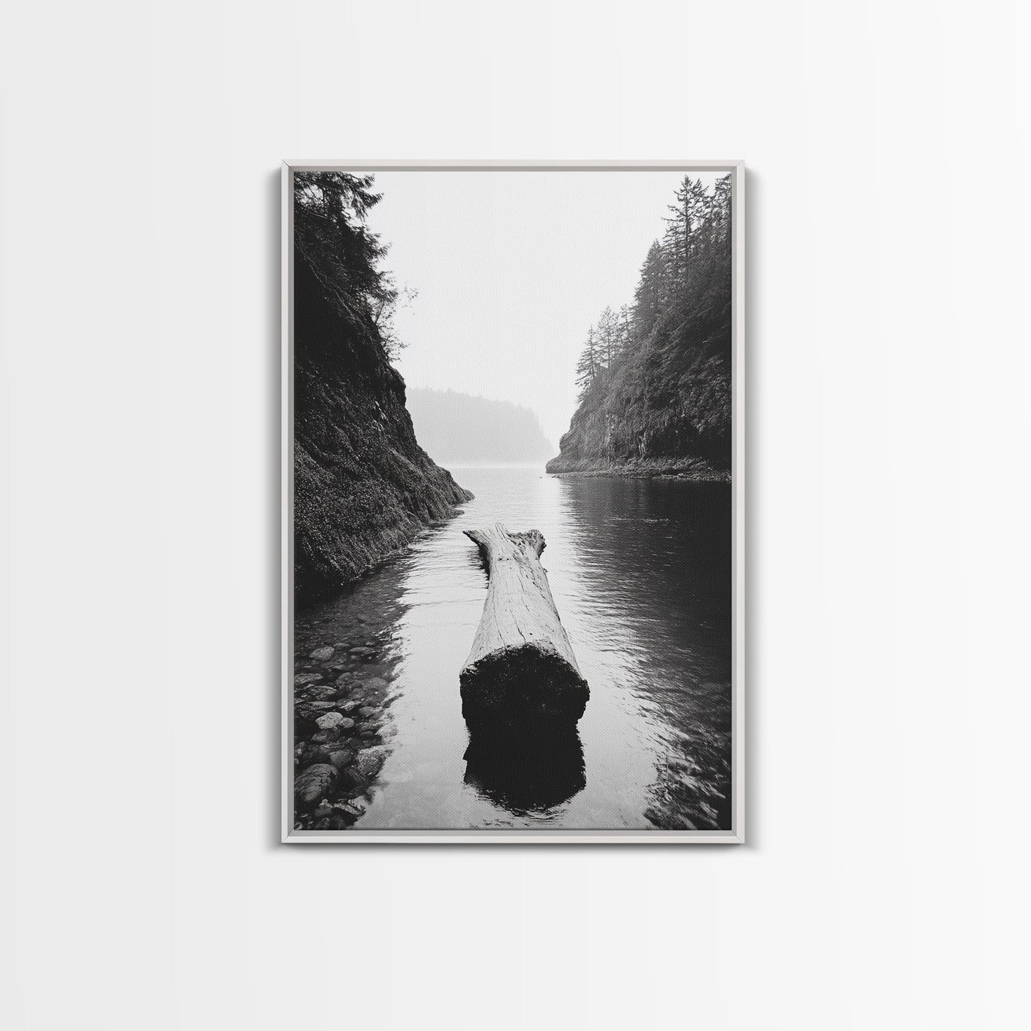 Driftwood Log, River Pass, Nature Silence, Misty Gorge, Framed Canvas Print, Office Wall Art, Modern Nature Decor, Moody Forest Style