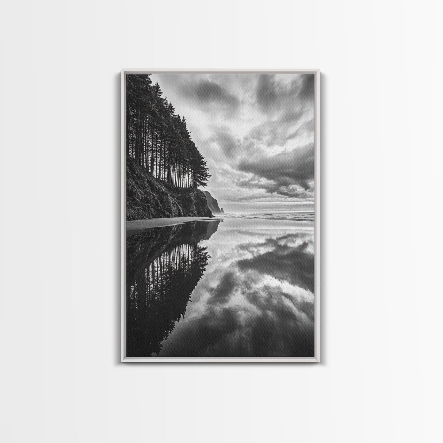 Ocean Cliff Reflection, Dramatic Coastline Art, Cloudy Sky Canvas, Framed Canvas Print, Living Room Wall Art, Moody Landscape Photography