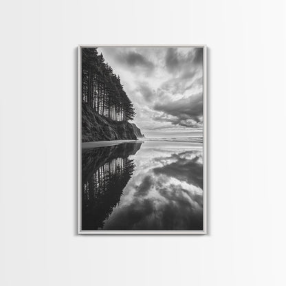 Ocean Cliff Reflection, Dramatic Coastline Art, Cloudy Sky Canvas, Framed Canvas Print, Living Room Wall Art, Moody Landscape Photography