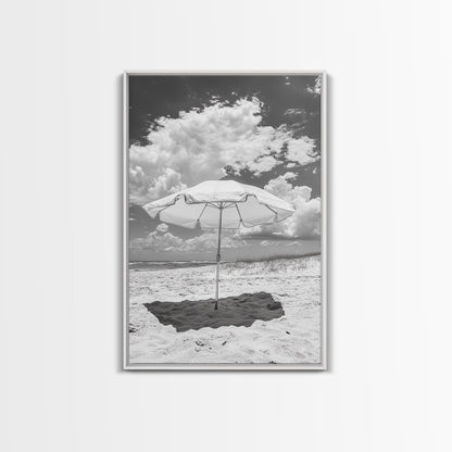 Beach Umbrella, Sunny Escape, Coastal Cloudscape, Framed Canvas Print, Summer Vibe Wall Art, Outdoor Living Decor, Travel Mood
