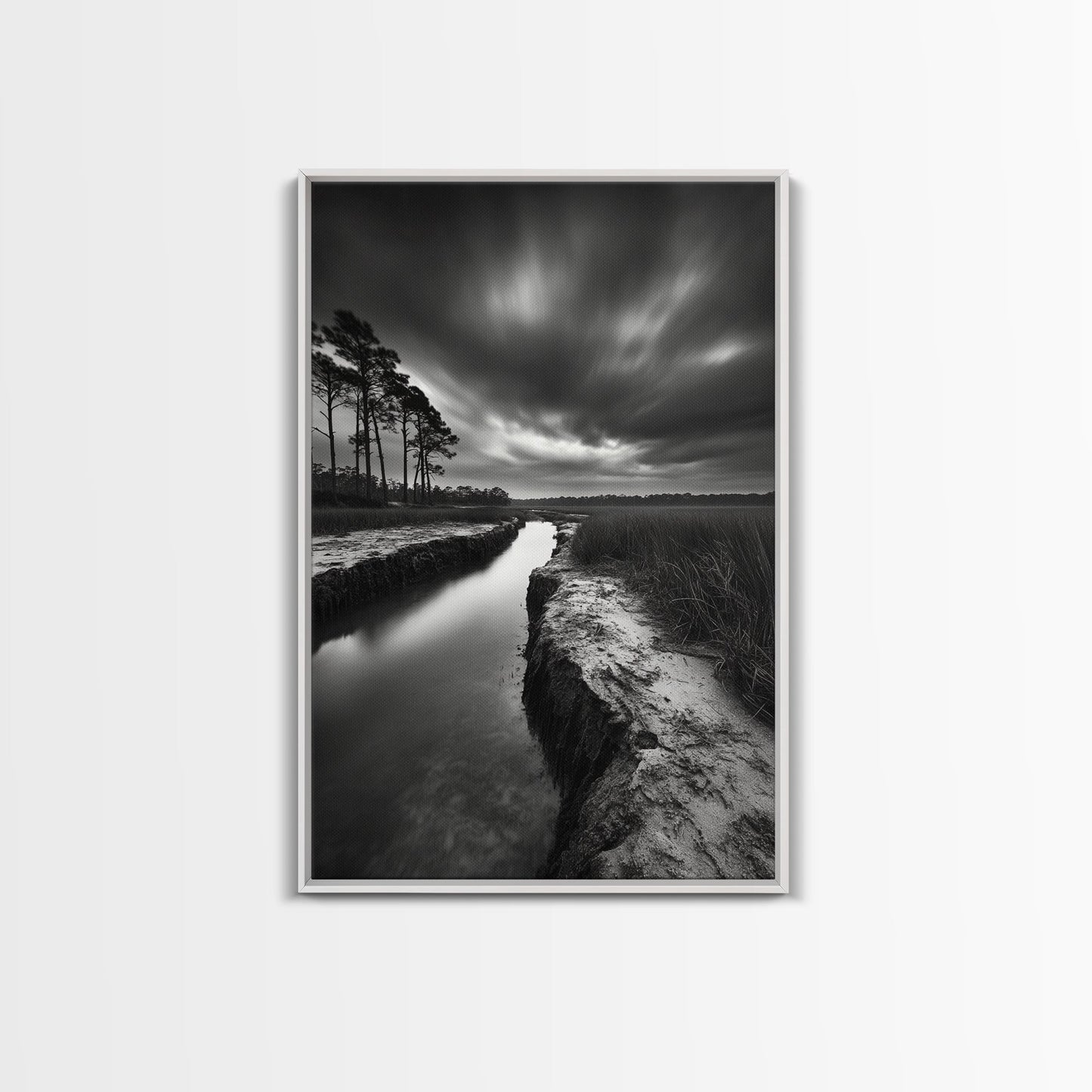 Misty Marsh Path, Moody Landscape, Nature Wall Decor, Living Room Art, Canvas Print, Black and White Photography, Autumn Wall Art