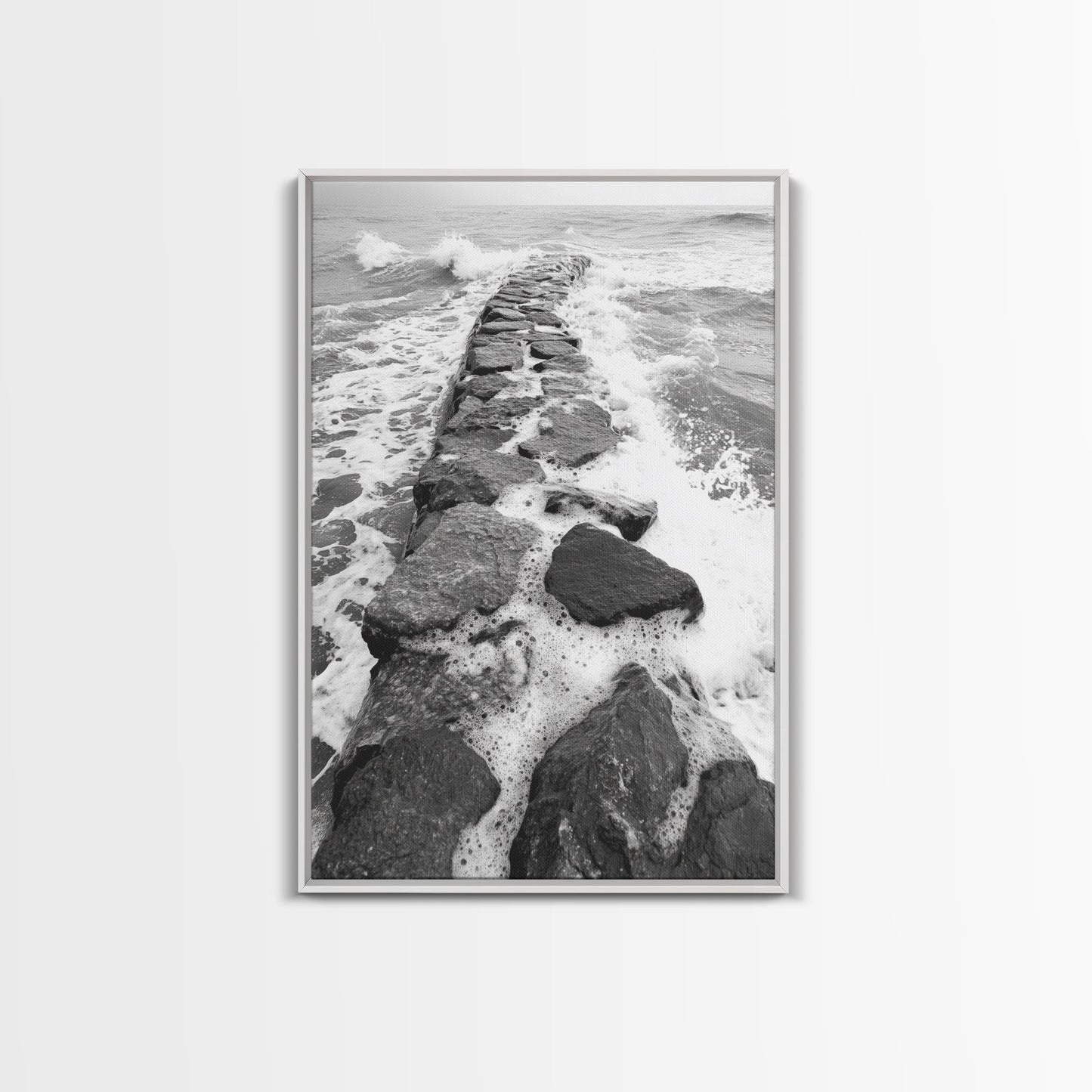 Rocky surf path, ocean jetty power, dramatic sea waves, black white beachscape, Canvas Print, bathroom wall art, nautical minimalist decor