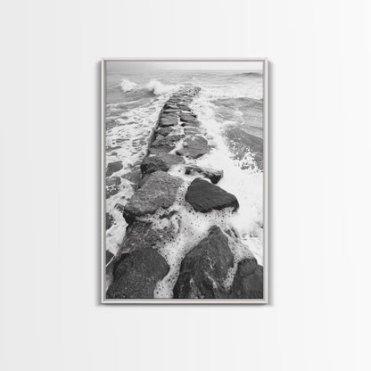 Rocky surf path, ocean jetty power, dramatic sea waves, black white beachscape, Canvas Print, bathroom wall art, nautical minimalist decor