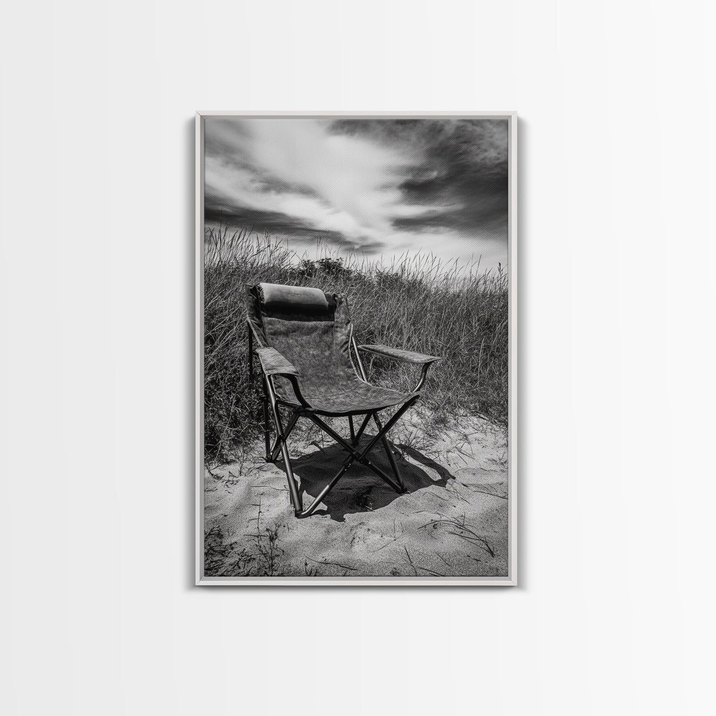 Deserted beach chair, quiet coast vibes, windswept scene, peaceful solitude, Canvas Print, hallway decor, rustic retreat outdoor artwork