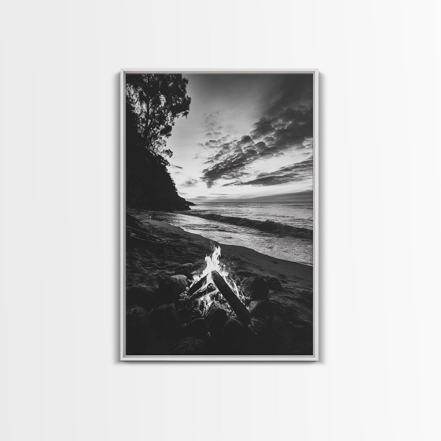 Shoreline fire night, beach flames, evening waves, rustic warmth, Canvas Print, Autumn decor, outdoor adventure minimalist wall art