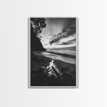Shoreline fire night, beach flames, evening waves, rustic warmth, Canvas Print, Autumn decor, outdoor adventure minimalist wall art