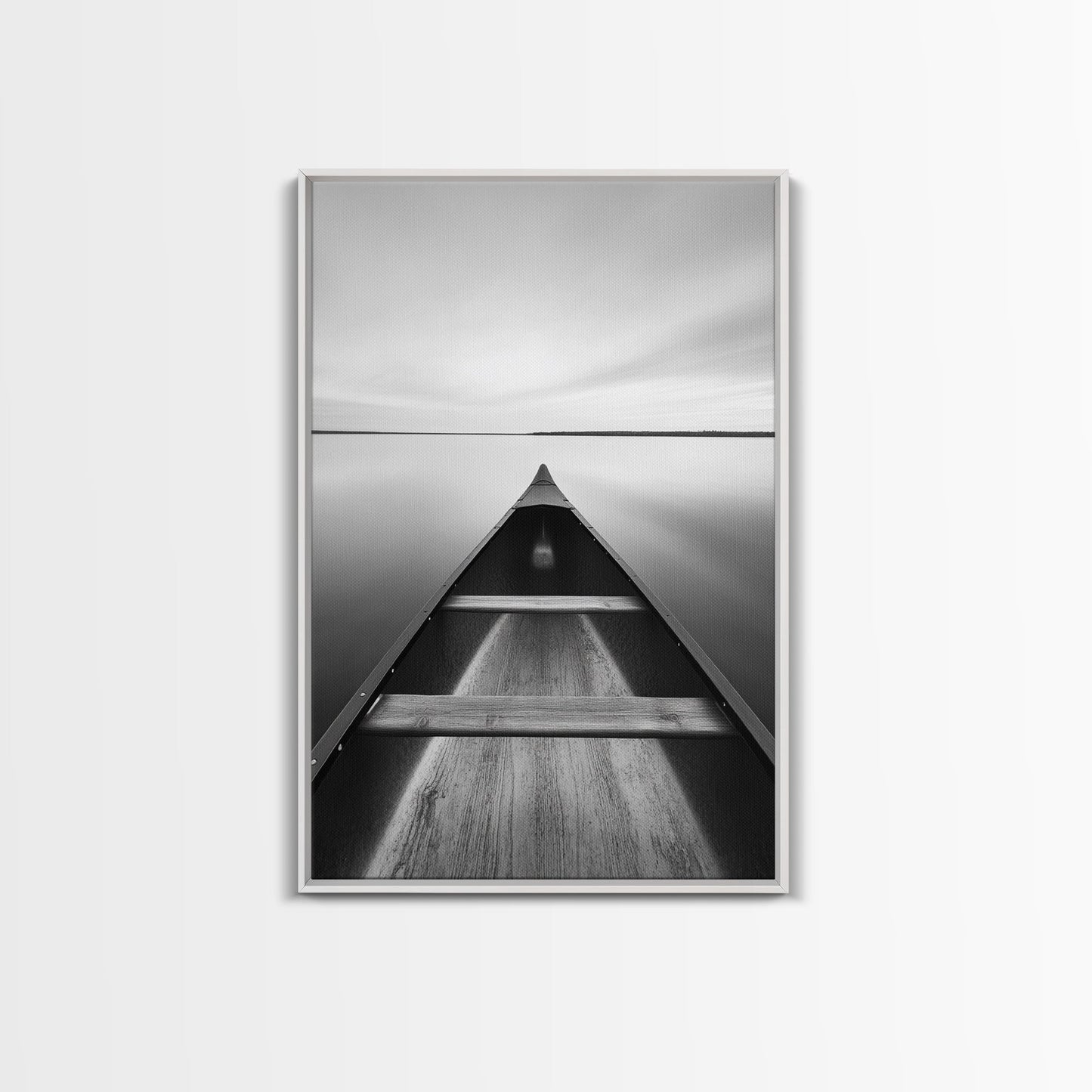 Canoe, Lake, Calm, Horizon - Minimalist lake paddle scene, Framed Canvas Print, peaceful home office art, Scandinavian decor, wilderness print