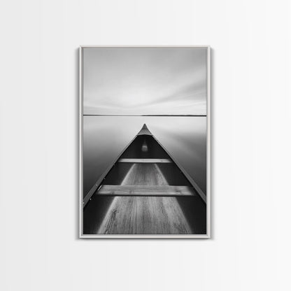 Canoe, Lake, Calm, Horizon - Minimalist lake paddle scene, Framed Canvas Print, peaceful home office art, Scandinavian decor, wilderness print
