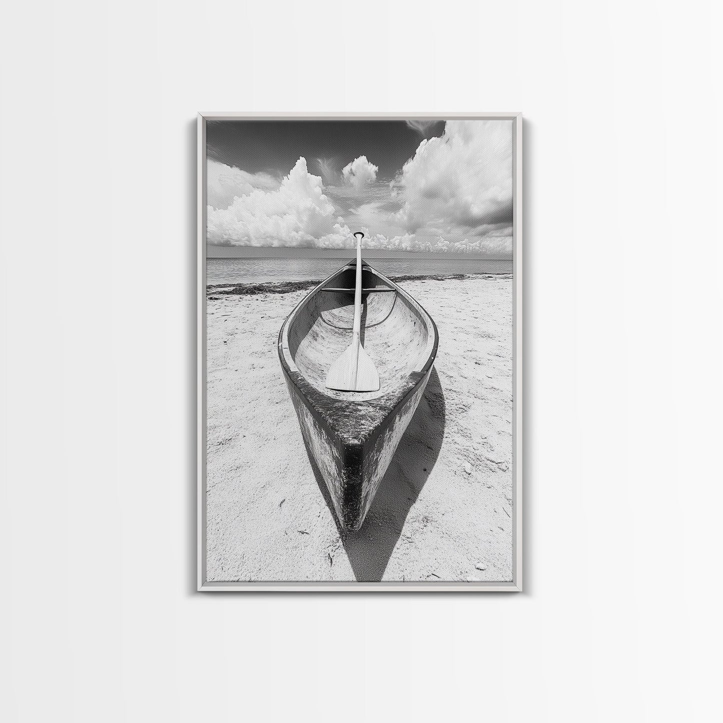 Paddle, Canoe, Beach, Clouds - Summer boating scene, Canvas Print, ideal bathroom or guestroom nautical art, rustic coastal boho wall decor