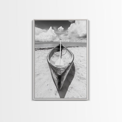 Paddle, Canoe, Beach, Clouds - Summer boating scene, Canvas Print, ideal bathroom or guestroom nautical art, rustic coastal boho wall decor