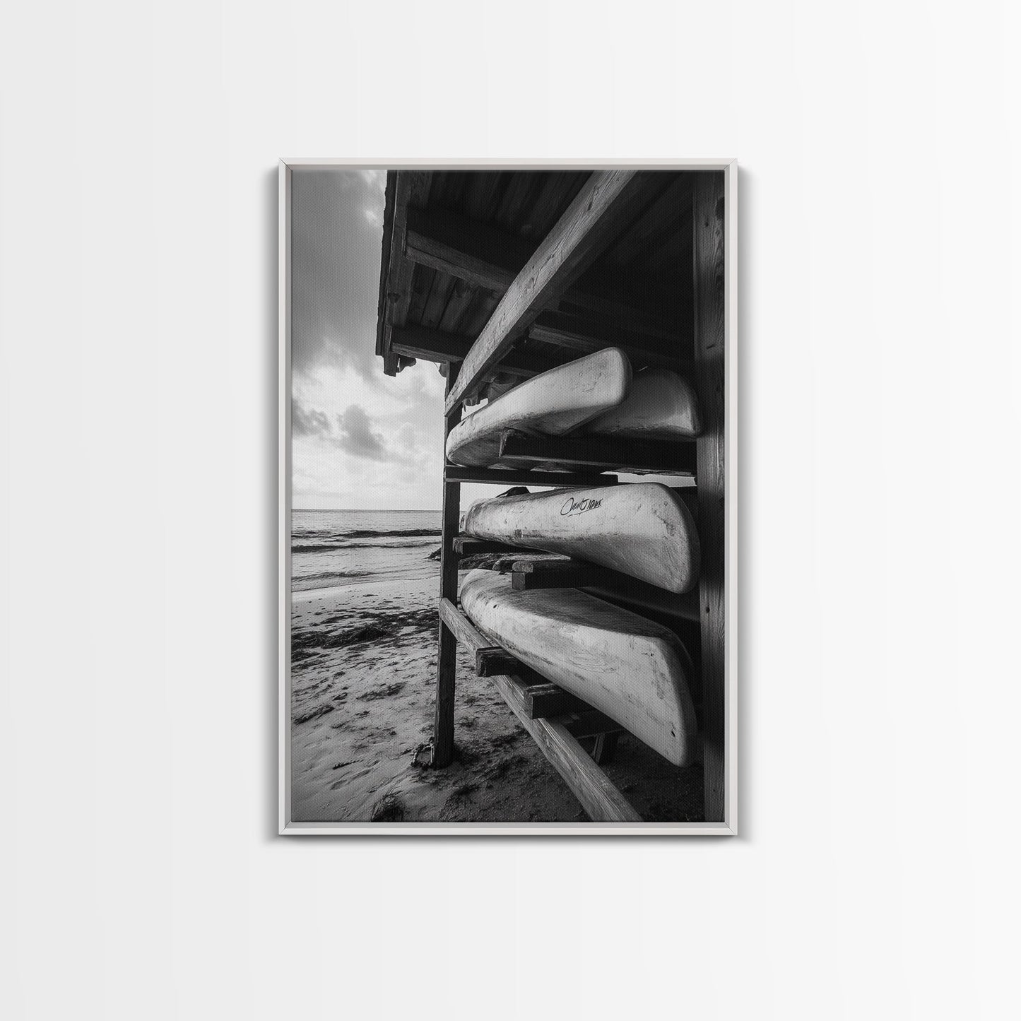 Canoes, Rack, Ocean, Shelter - Surf shack vibes with coastal canoe stack, Framed Canvas Print, great beach house or boho hallway art, grayscale