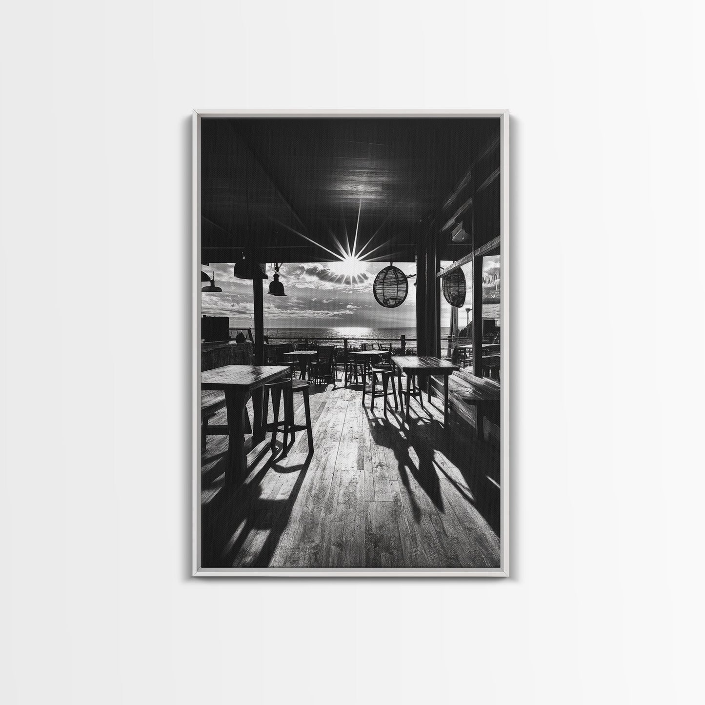 Ocean, Deck, Sunset, Rays - Golden hour beach bar shadows, Canvas Print, perfect dining room or kitchen wall art, rustic coastal decor