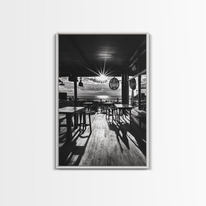 Ocean, Deck, Sunset, Rays - Golden hour beach bar shadows, Canvas Print, perfect dining room or kitchen wall art, rustic coastal decor