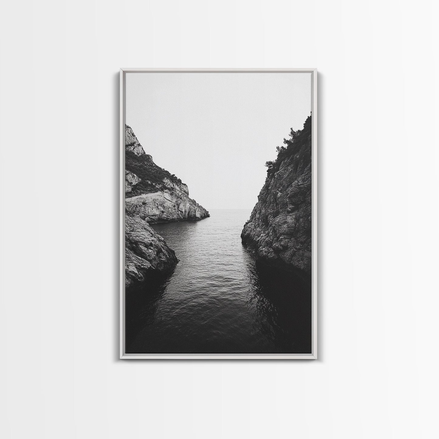 Cliffs, Ocean, Channel, Serenity - Dramatic rocky inlet view, Framed Canvas Print, ideal bathroom or hallway wall art, nature lover minimalist