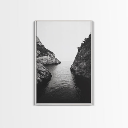 Cliffs, Ocean, Channel, Serenity - Dramatic rocky inlet view, Framed Canvas Print, ideal bathroom or hallway wall art, nature lover minimalist