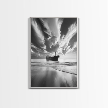 Stormy Sky Ship, Dramatic Seascape, Black White Photography, Ocean Nautical Decor, Framed Canvas Print, Coastal Wall Art, Moody Minimalist