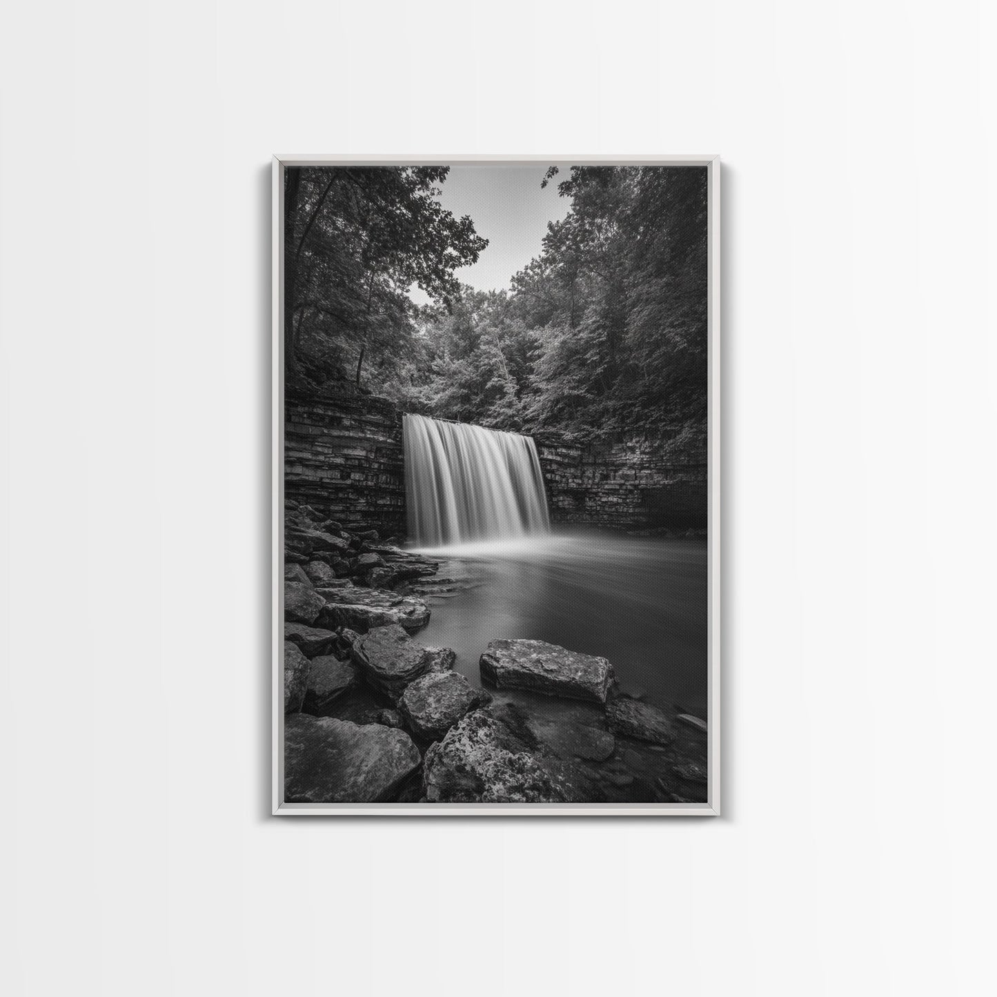 Waterfall Serenity, Nature Escape, River Rock Flow, Bedroom Wall Decor, Framed Canvas Print, Modern Rustic Forest Wall Art