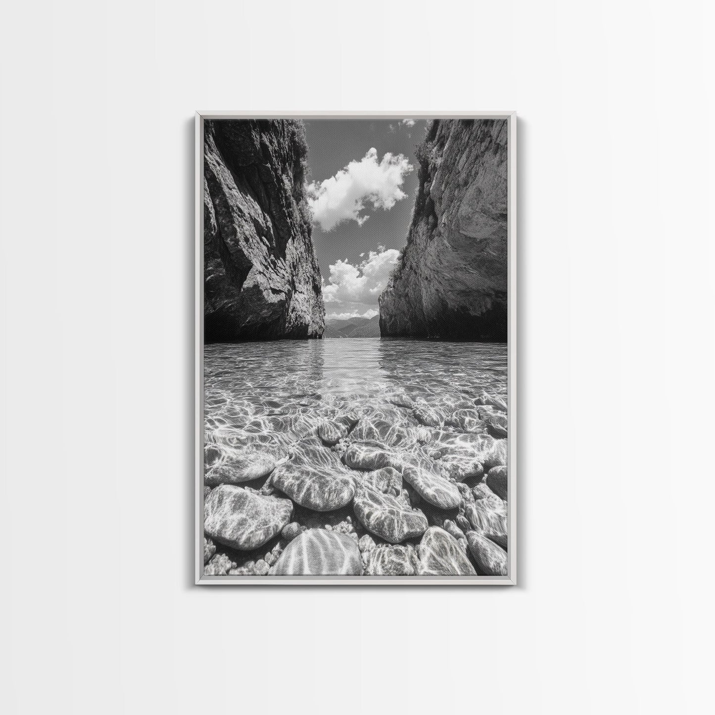 Clear Waterscape, Rocky Shoreline, Tropical Escape, Nature Photography, Framed Canvas Print, Beach House Coastal Wall Art