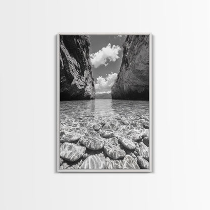 Clear Waterscape, Rocky Shoreline, Tropical Escape, Nature Photography, Framed Canvas Print, Beach House Coastal Wall Art