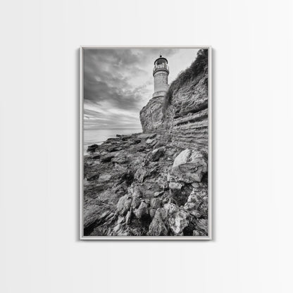 Lighthouse Beacon, Rocky Shoreline, Nautical Coastal Scene, Framed Canvas Print, Ocean View Art, Seaside Living Room Wall Decor