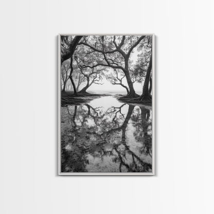 Misty Forest Trees, Reflection Photography, Nature Landscape, Canvas Print, Neutral Tones, Bedroom Wall Decor, Moody Autumn Forest Art