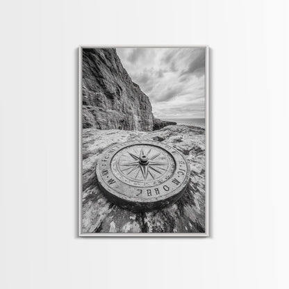 Compass On Cliff, Adventure Travel Art, Nautical Wall Decor, Framed Canvas Print, Rustic Office Art, Nature Explorer Gift Idea