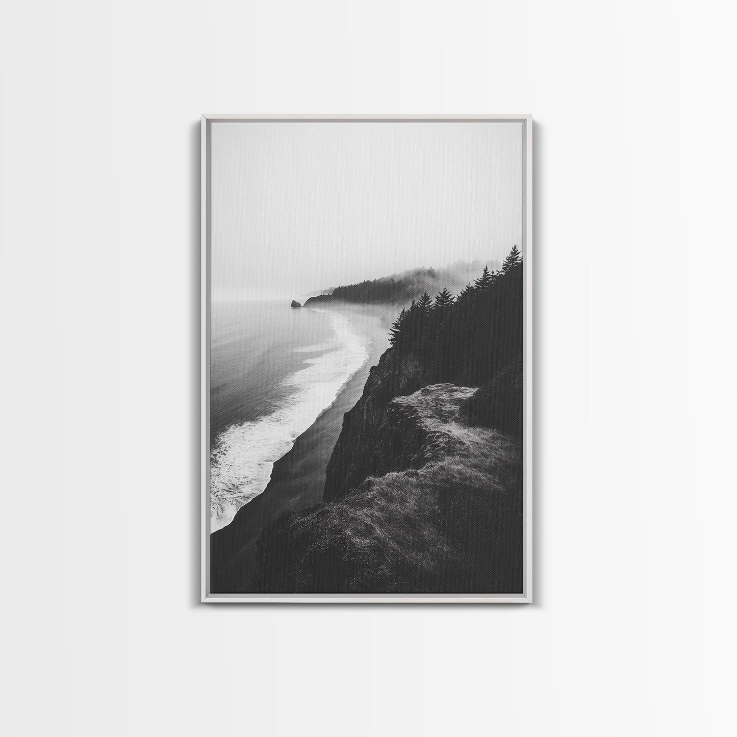 Misty Coastline, Pine Forest, Foggy Morning, Framed Canvas Print, Moody Nature Decor, Living Room Wall Art, Monochrome Style