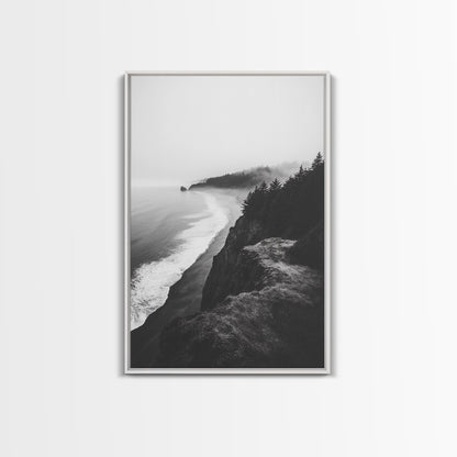 Misty Coastline, Pine Forest, Foggy Morning, Framed Canvas Print, Moody Nature Decor, Living Room Wall Art, Monochrome Style