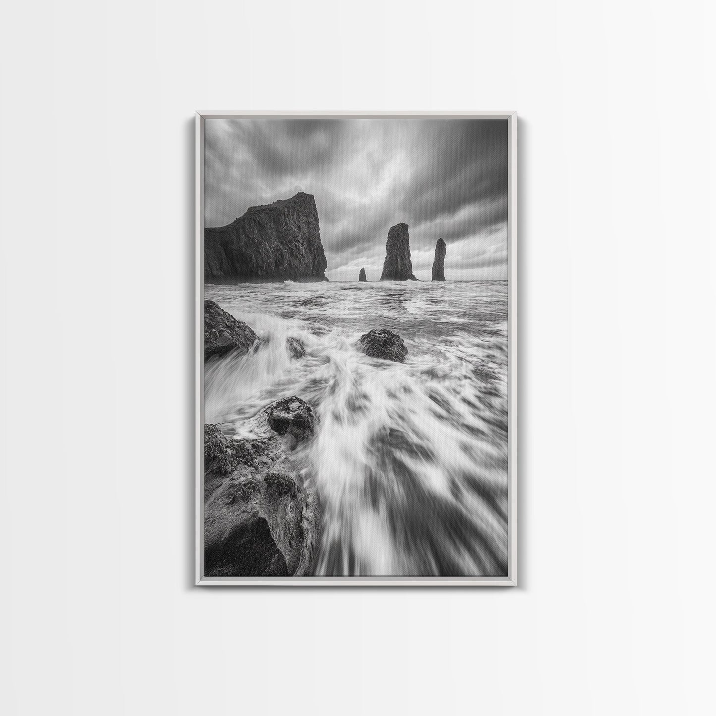 Sea Stacks Seascape, Ocean Art, Moody Coastline Print, Nature Photography, Framed Canvas Print, Living Room Wall Art, Black White Seaside