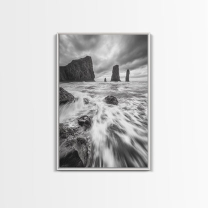 Sea Stacks Seascape, Ocean Art, Moody Coastline Print, Nature Photography, Framed Canvas Print, Living Room Wall Art, Black White Seaside