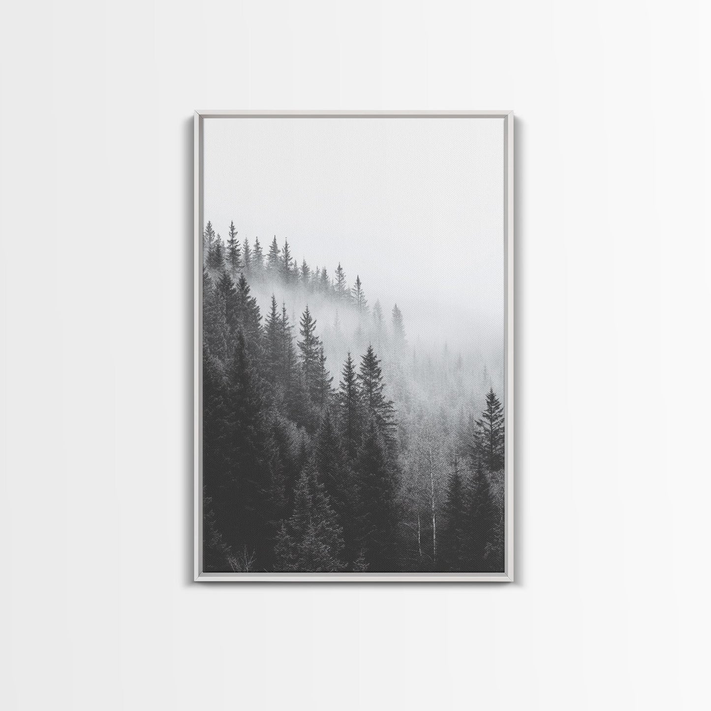 Misty Forest, Pine Trees, Foggy Morning, Canvas Print, Moody Nature Wall Art, Nordic Bedroom Decor, Monochrome Forest Landscape