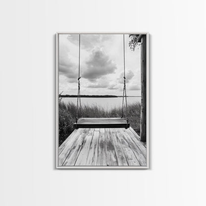 Lake Swing, Cloudy Sky, Calm View, Framed Canvas Print, Farmhouse Wall Art, Serene Kitchen Decor, Rustic Black and White Photography