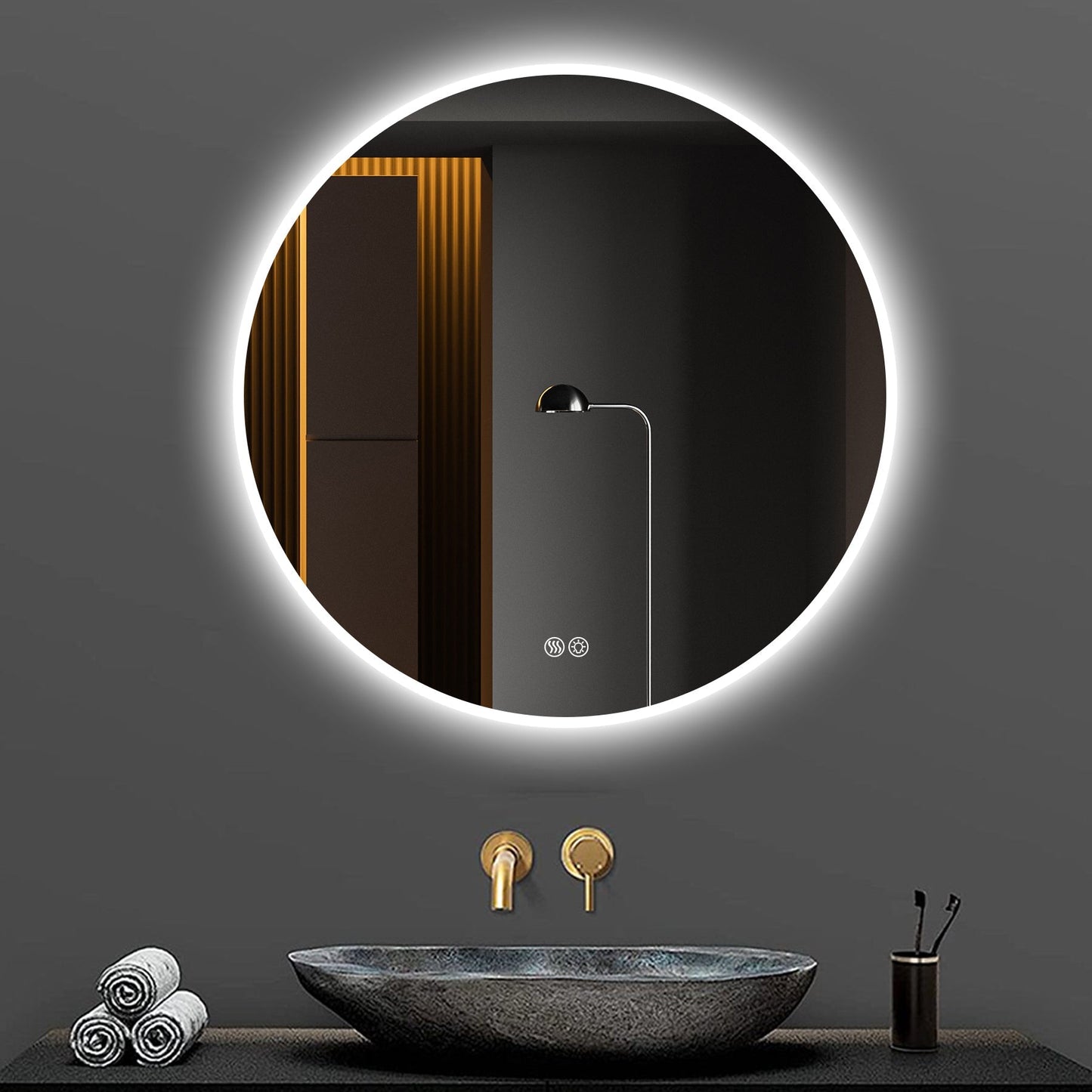 32” Round LED Bathroom Mirror – Anti-Fog, Silver, Dimmable Light