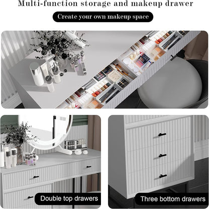 Modern White Vanity Desk – 5-Drawer Adjustable Layout with Side Cabinet