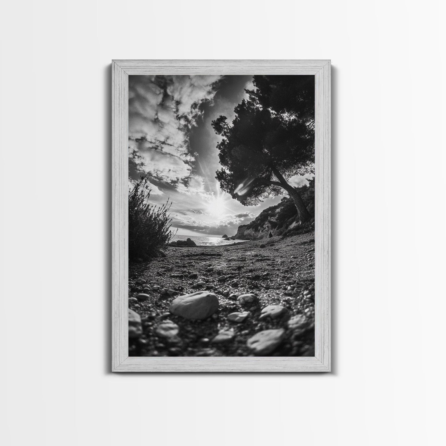 Sunset Beach View, Wide Angle Perspective, Nature Shoreline, Monochrome Landscape, Framed Canvas Print, Hallway Wall Art, Beach Decor