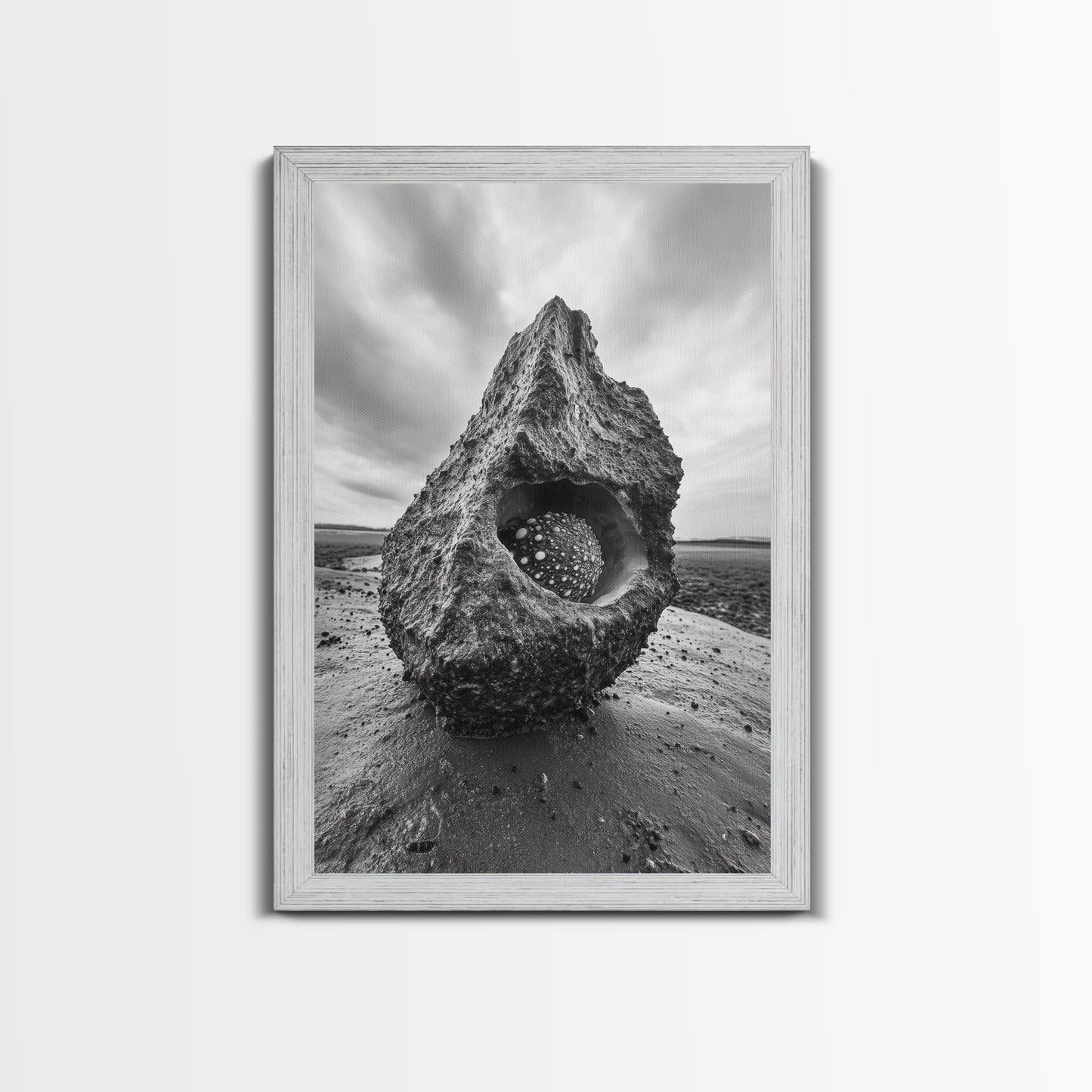 Sea Orb Rock, Coastal Texture, Ocean Shell Art, Framed Canvas Print, Beach House Wall Decor, Abstract Nature, Nautical Art Piece